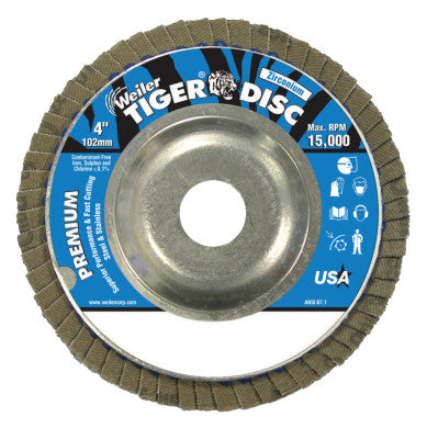 Weiler® Tiger Disc Angled Style Flap Discs, 4 in, 40 Grit, 5/8 Arbor, Aluminum Back, 50503