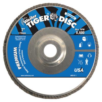 Weiler® Tiger® Disc Angled Style Flap Discs, 7 in, 36 Grit, 7/8 Arbor Aluminum Back, 50532