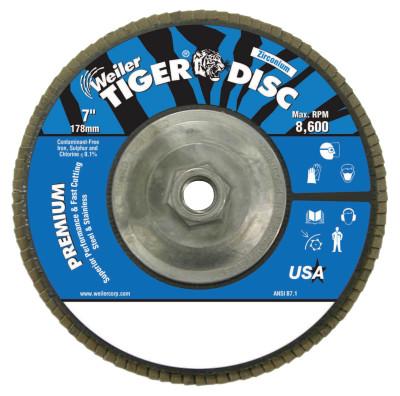 Weiler® Tiger Disc Angled Style Flap Discs, 7 Dia, 120 Grit, 5/8-11 in Arbor, 8600 rpm, 50546