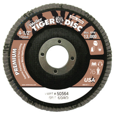 Weiler® Tiger Disc Angled Style Flap Discs, 4 1/2",60 Grit,7/8 Arbor,Phenolic Back,Alum, 50564