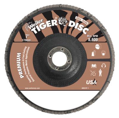 Weiler® Tiger® Disc Angled Style Flap Discs, 7 in Dia, 40 Grit, 7/8 in Arbor, 8600 rpm, 50583