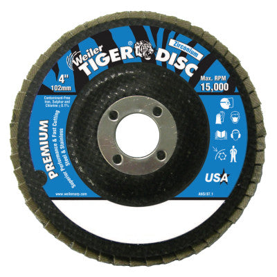 Weiler® Tiger Disc Angled Style Flap Discs,4",60 Grit,5/8 Arbor,Phenolic Back,Zirconium, 50594