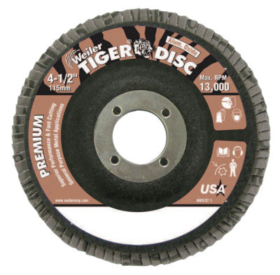 Weiler® Tiger Disc Flat Style Flap Discs,4.5",40 Grit,7/8 Arbor,Phenolic Back,Alum Oxide, 50663