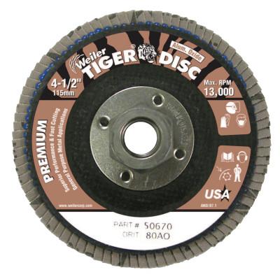Weiler® Tiger® Disc Flat Style Flap Discs, 4 1/2 in, 80 Grit, 5/8 Arbor, Phenolic Back, 50670