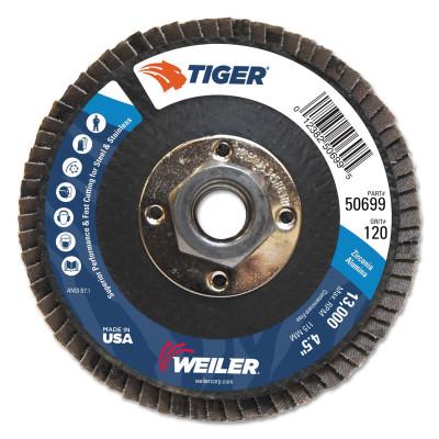 Weiler® Tiger Premium Flap Discs, 4 1/2 in Dia, 120 Grit, 5/8 in-11 Arbor, 13000 rpm, 50699