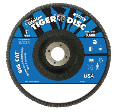 Weiler® Tiger® Big Cat® High Density Flap Disc, 7 in dia, 60 Grit, 7/8 in Arbor, 8,600 RPM, Type 27, 50824