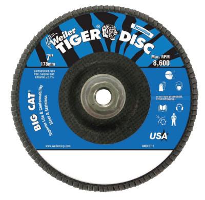 Weiler® Tiger® Big Cat® High Density Flap Disc, 7 in dia, 120 Grit, 5/8 in-11 UNC Arbor, 8,600 RPM, Type 27, 50846