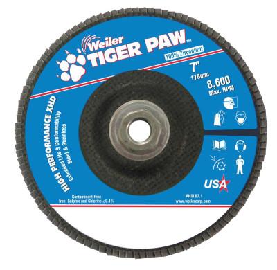 Weiler® Tiger Paw™ Super High Density Flap Disc, 7 in, 40 Grit, 5/8 Arbor, 8,600 RPM, 51168