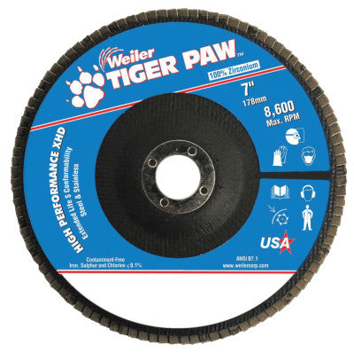 Weiler® Tiger Paw™ Coated Abrasive Flap Disc, Type 27, 5 in, 80 Grit, 7/8 in Arbor, 51197