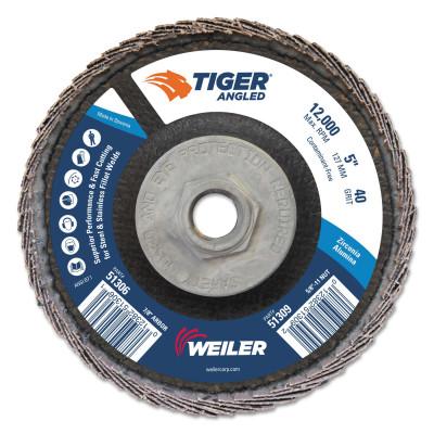 Weiler® Tiger Angled Flap Disc, 5 in Dia, 40 Grit, 12000 rpm, 51318