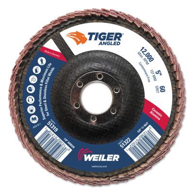 Weiler® Tiger Angled Flap Disc, 5 in Dia, 60 Grit, 12000 rpm, 51319