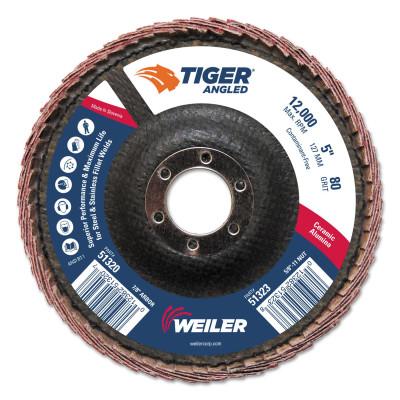 Weiler® Tiger Angled Flap Disc, 5 in Dia, 80 Grit, 12000 rpm, 51320