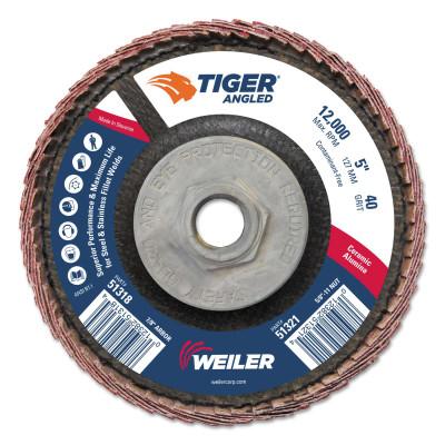 Weiler® Tiger Angled Flap Disc, 5 in Dia, 40 Grit, 5/8 in-11 Arbor, 12000 rpm, 51321