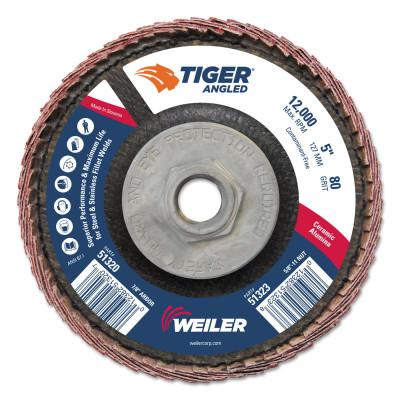 Weiler® Tiger Angled Flap Disc, 5 in Dia, 80 Grit, 5/8 in-11 Arbor, 12000 rpm, 51323