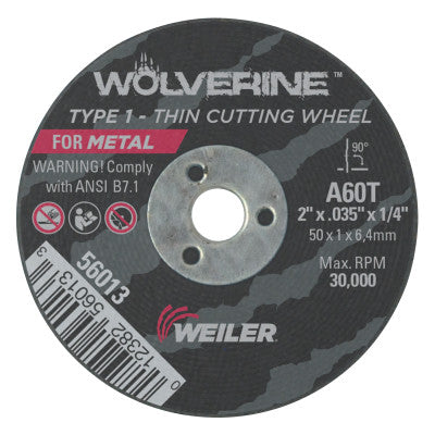 Weiler® Wolverine™ Flat Type 1 Cutting Wheel, 2 in Dia, .035 in Thick, 60 Grit, Aluminum Oxide, 56013