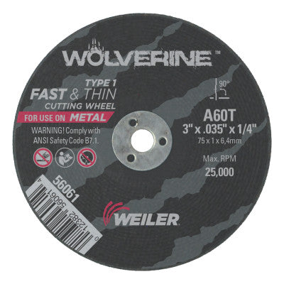 Weiler® Wolverine™ Flat Type 1 Cutting Wheel, 3 in Dia, .035 Thick, 1/4 Arbor, 60 Grit, 56061