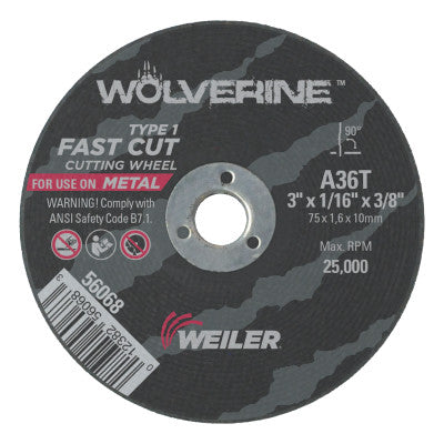 Weiler® Wolverine™ Flat Type 1 Cutting Wheel, 3 in Dia, 1/16 Thick, 3/8 Arbor, 36 Grit, 56068