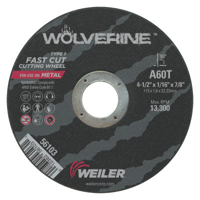 Weiler® Wolverine™ Flat Type 1 Cutting Wheel, 4-1/2 in Diameter, 1/16 in Thick, 60 Grit, Alum Oxide, 56103