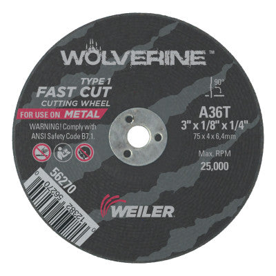 Weiler® Wolverine® AO Flat Type 1 Cutting Wheel, 3 in Dia, 1/8 in Thick, 1/4 Arbor, 36 Grit, 56270