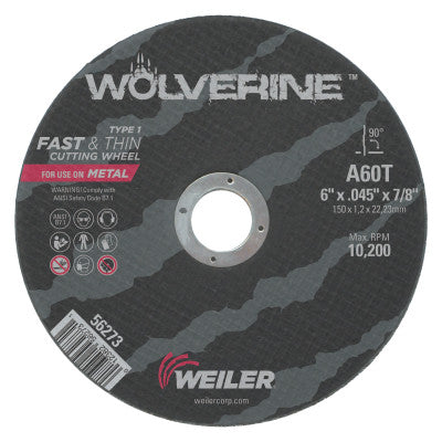 Weiler® Wolverine™ Flat Type 1 Cutting Wheel, 6 in dia x 0.045 in, 7/8 Arbor, 60 Grit, Aluminum Oxide, T Hardness, 56273