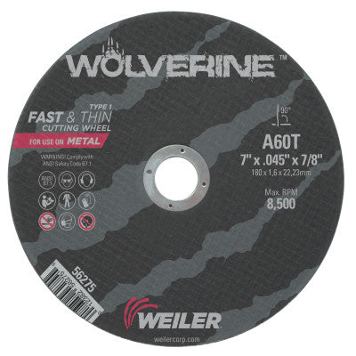 Weiler® Wolverine™ Flat Type 1 Cutting Wheel, 7 in dia x 0.045 in, 7/8 in Arbor, 60 Grit,  Aluminum Oxide, T Hardness, 56275