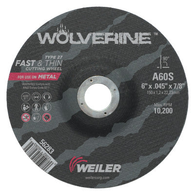 Weiler® Wolverine Thin Cutting Wheels, 6 in x .045 in, 7/8 Arbor, 60 Grit, S, Type 27, 56283