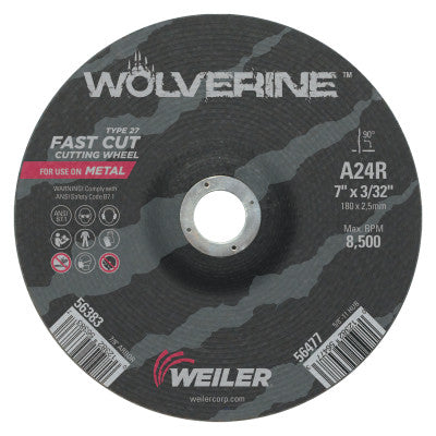 Weiler® Wolverine® Thin Cutting Wheel, 7 in Dia, 3/32 Thick, 7/8 Arbor, 24 Grit, 56383