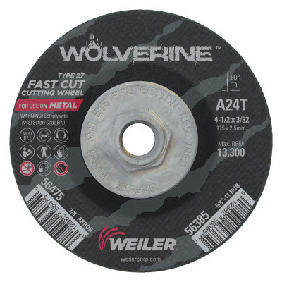 Weiler® Wolverine Thin Cutting Wheels, 4 1/2 in Dia, 3/32 in Thick, 24 Grit Alum. Oxide, 56385