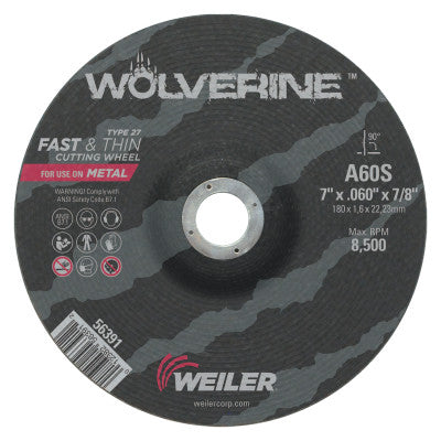 Weiler® Wolverine® Thin Cutting Wheel, 7 in Dia, .06 Thick, 7/8 Arbor, 60 Grit, 56391