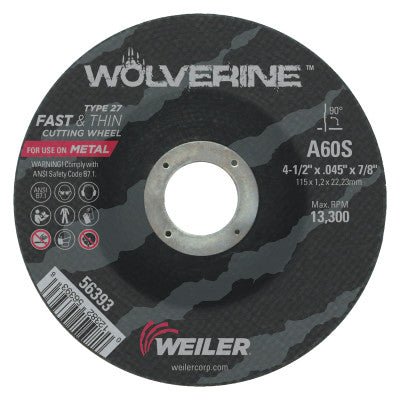 Weiler® Wolverine™ Thin Cutting Wheel, 4-1/2 in x .045 in, 60 Grit, S, 56393