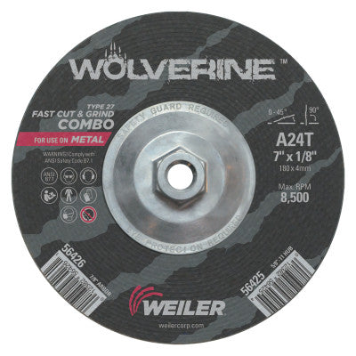 Weiler® Wolverine Combo Wheels, 7 in Dia, 1/8 in Thick, 5/8 in Arbor, 24 Grit, T, 56425