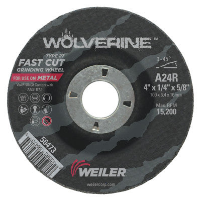 Weiler® Wolverine® Grinding Wheel, 4 in Dia, 1/4 in Thick, 5/8 in Arbor, 24 Grit, R, 56473