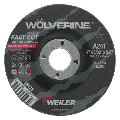 Weiler® Wolverine® Grinding Wheel, 4 in Dia, 3/32 in Thick, 5/8 in Arbor, 24 Grit, T, 56474