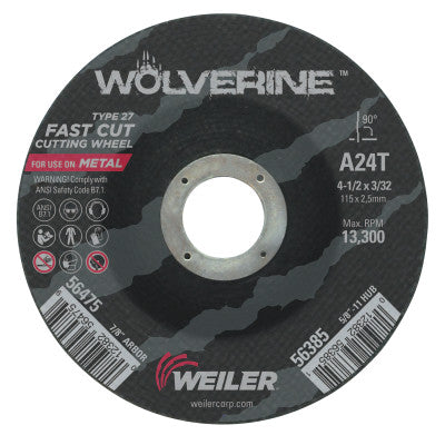 Weiler® Wolverine™ Grinding Wheel, 4-1/2 in Diameter, 3/32 in Thick, 7/8 in Arbor, 24 Grit, T, 56475