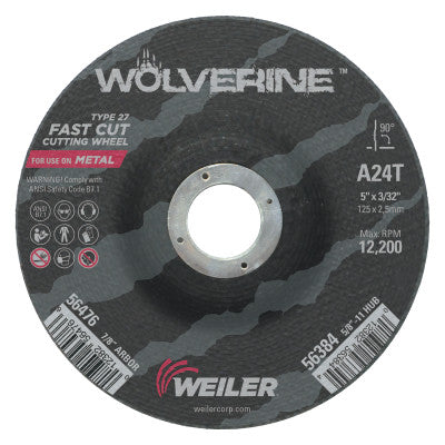 Weiler® Wolverine™ Grinding Wheel, 5 in Diameter, 3/32 in Thick, 7/8 in Arbor, 24 Grit, T, 56476
