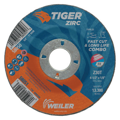 Weiler® Tiger® Zirc Combo Wheel, 5 x 1/8 in, 5/8 in-11 Arbor, Type 27, Z30T, 58052