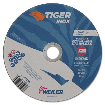 Weiler® Tiger® Inox Thin Cutting Wheel, Type 1, 7 in Diameter, 0.060 in Thick, 7/8 in Arbor, 58103