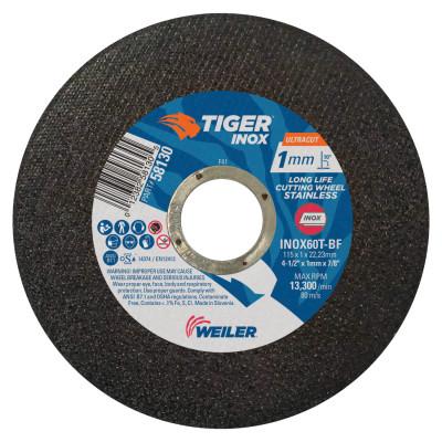Weiler® Tiger INOX Ultracut Thin Cutting Wheel, 4 1/2", 7/8" Arbor, 60, 13300 rpm, 50/PK, 58130